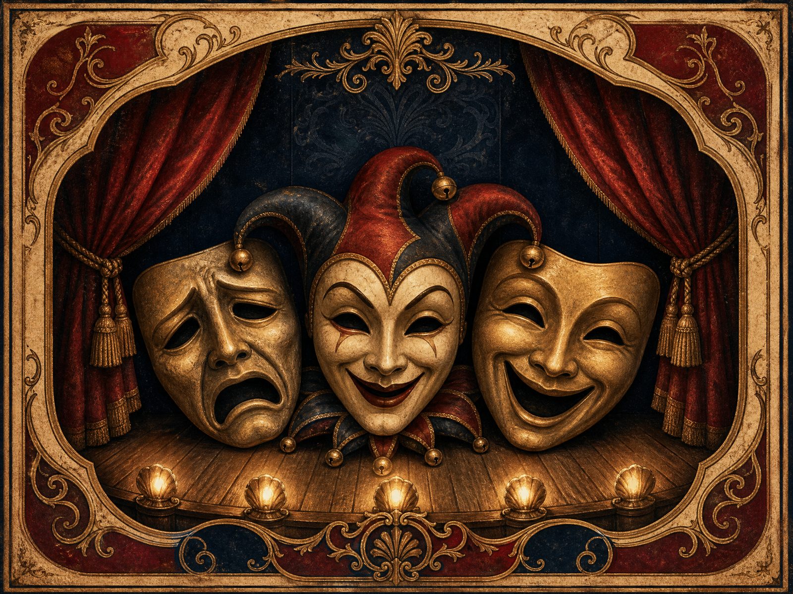 Comedy, tragedy and jester masks on a small stage