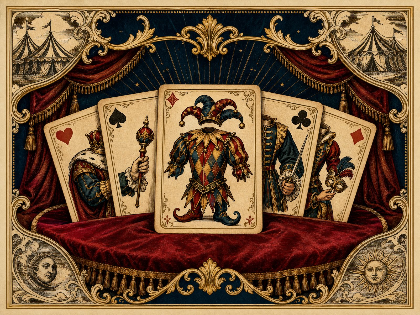 A fan of engraved playing cards with a jester costume card at centre