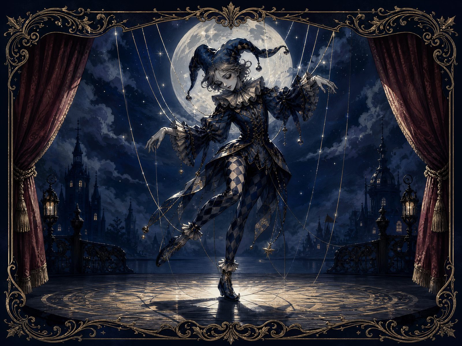 A lone marionette jester dancing under a full moon