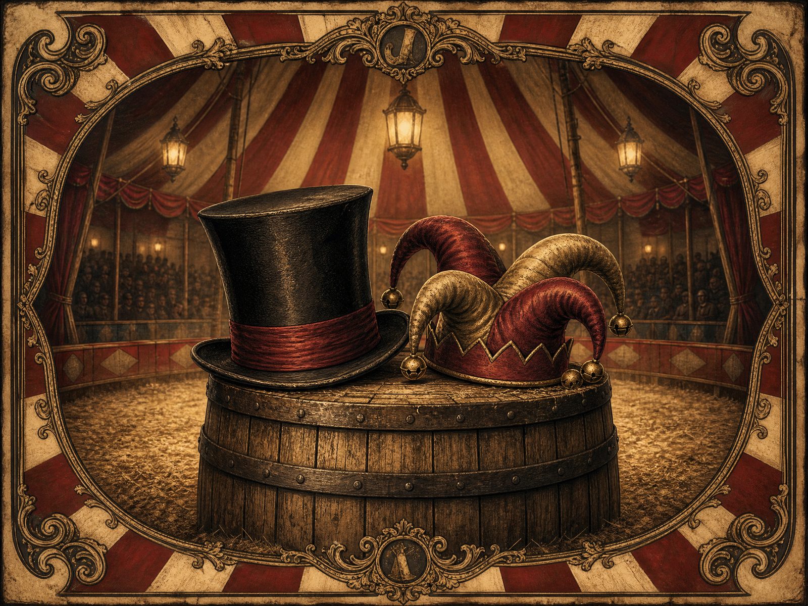 A top hat and jester cap resting together on a barrel in a circus ring