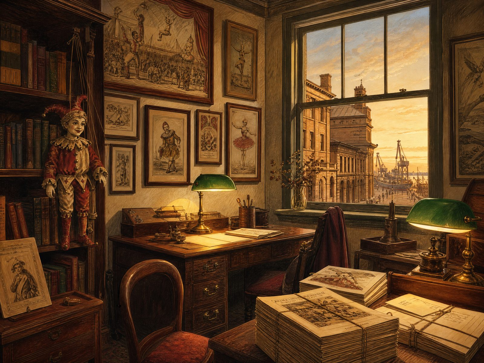 A heritage office in Fremantle with vintage carnival posters, banker lamps and a jester marionette